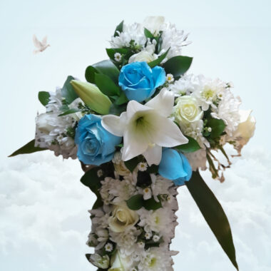 Cross Med Floral Arrangement with Blue Roses